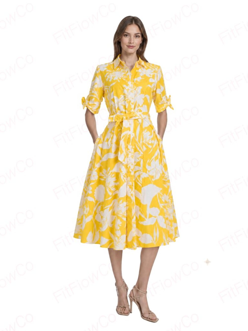 Calvin Klein Floral Tie Sleeve Cotton Shirtdress Yellow White Size 2 NWT
